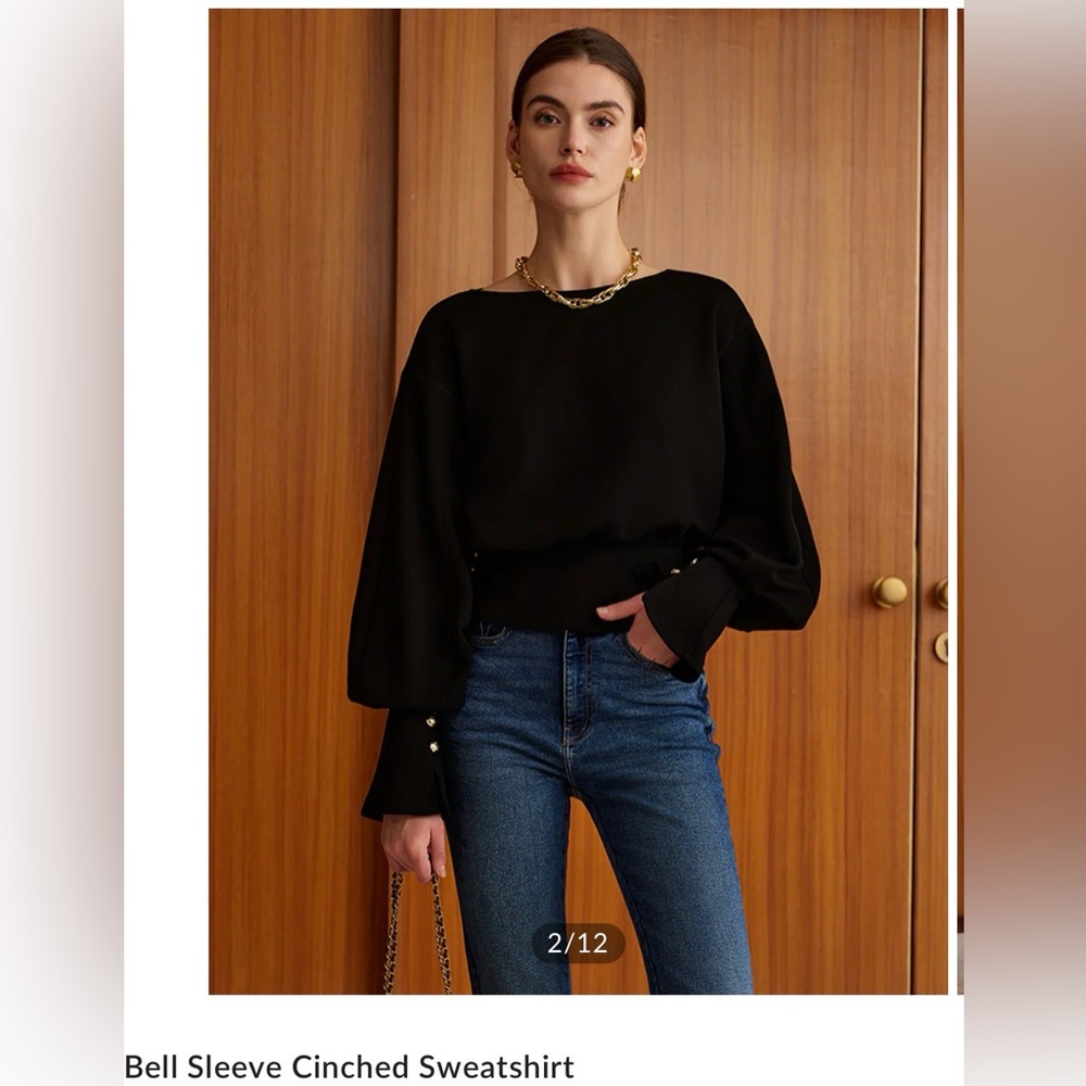 Commense Black Bell Sleeve Cinched Sweatshirt